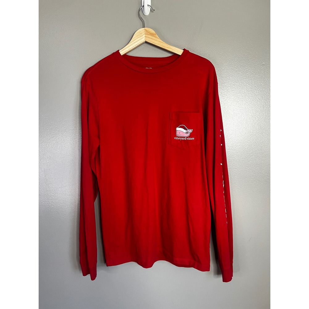 Vineyard Vines Mens Small Red Santa Hat Whale Long Sleeve Pocket T-Shirt Holiday